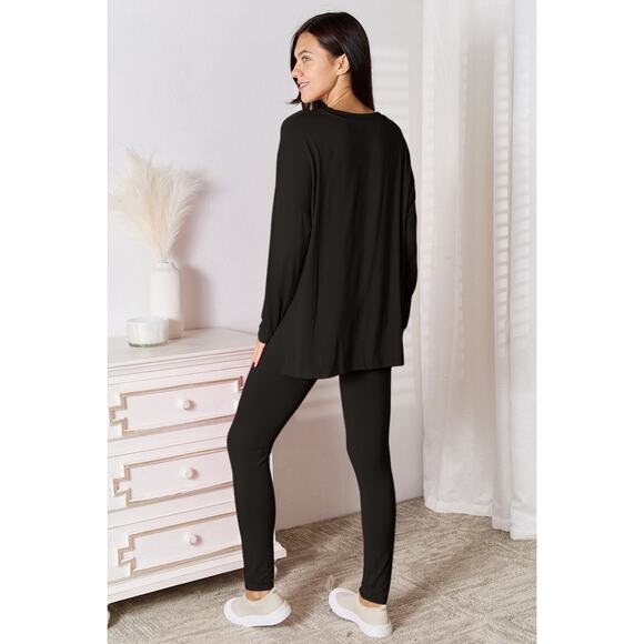 BASIC BAE Black V-Neck Soft Rayon Long Sleeve Top Pants Lounge Set NEW Misses - Picture 2 of 5